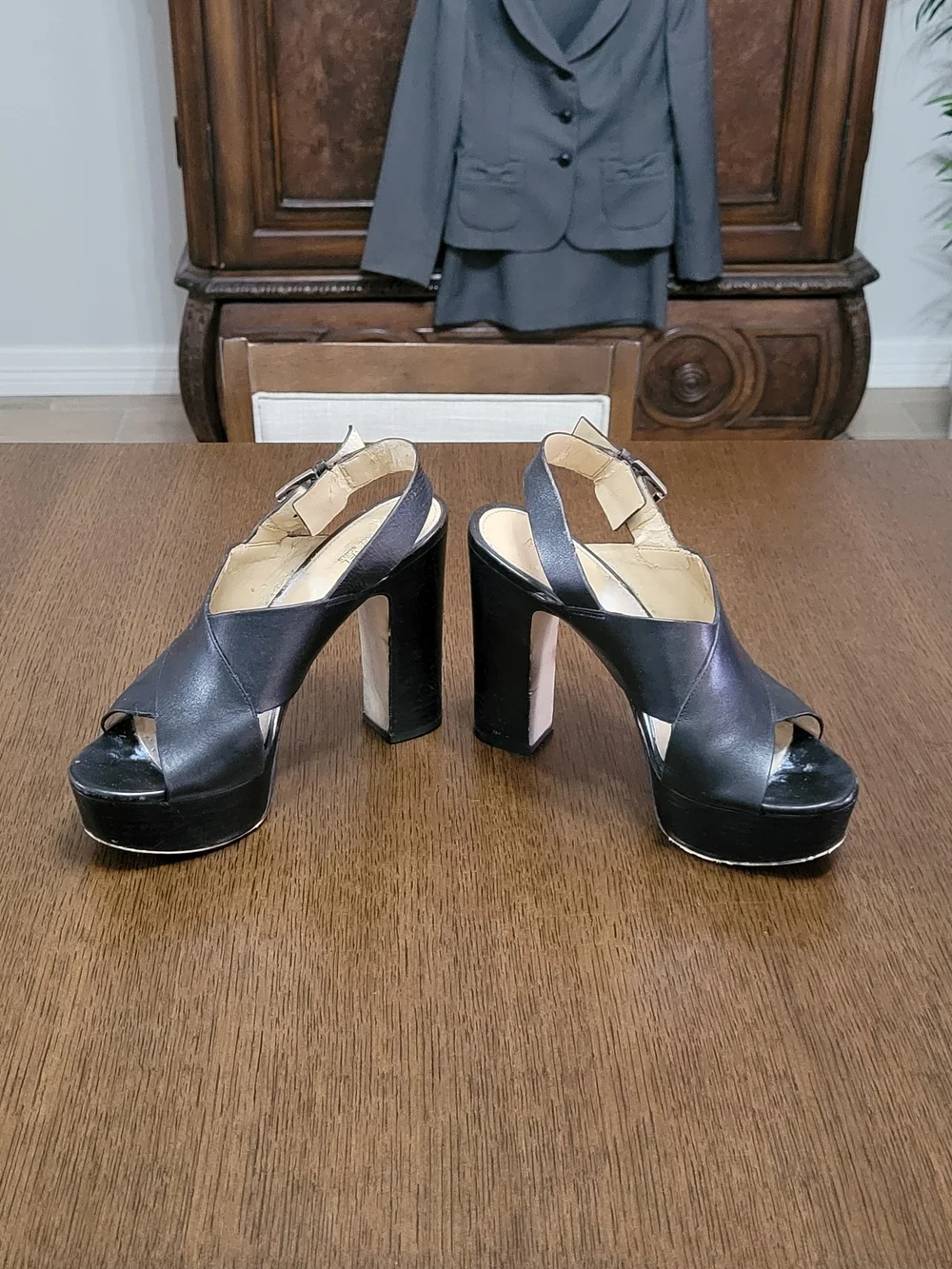 Michael Kors Black Leather Platform Peep-Toe Slingback Heels